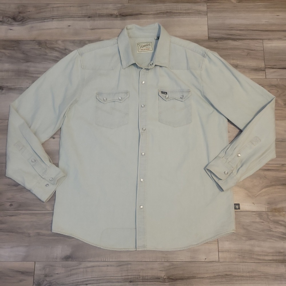 Howler Brothers Dust Up Denim Pearl Snap Mens Large light Wash Western Cowboy